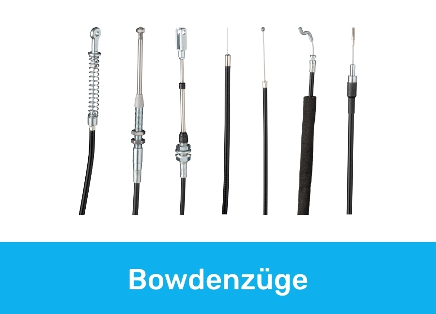 Verschiedene Bowdenzüge mit unterschiedlichen Endstücken und Ummantelungen für industrielle Steuerungen und mechanische Anwendungen