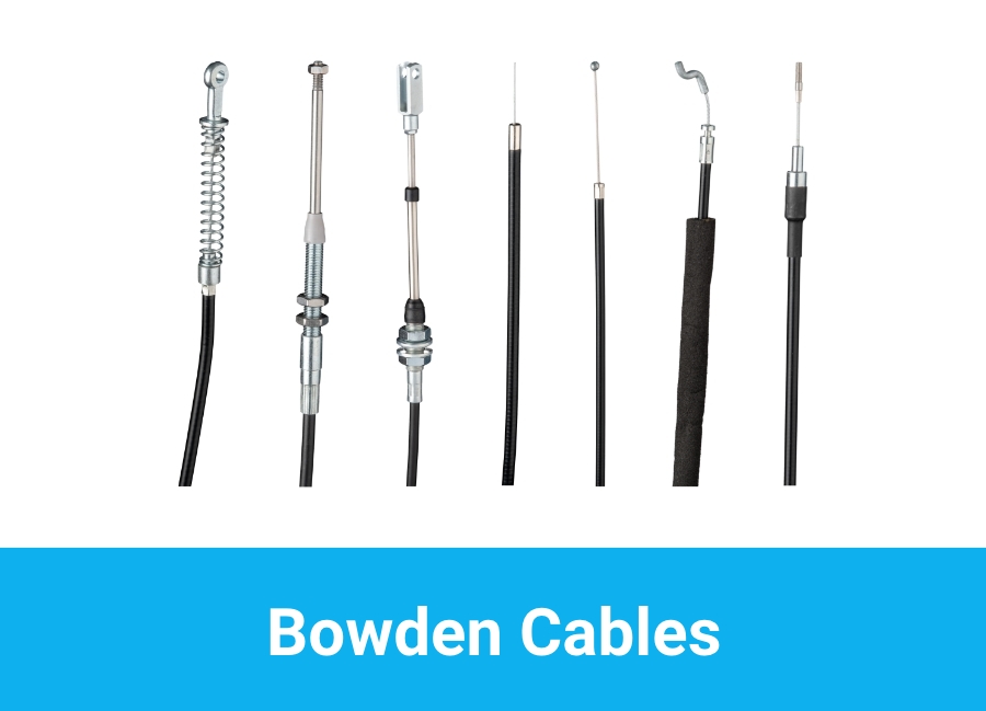 Bowdenzüge – Text EN Various Bowden cables with different end fittings and housings for industrial controls and mechanical applications