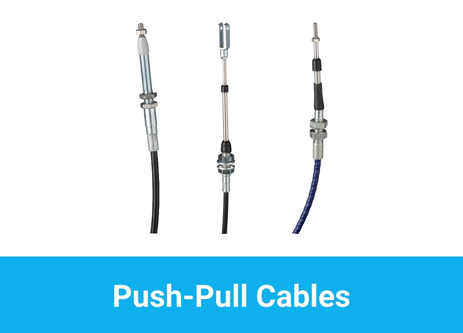 Druckzugkabel – Text EN Push-pull cables with various end fittings and housings for precise mechanical control and actuation applications