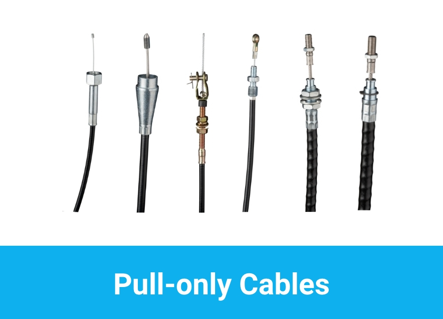 Zugkabel – Text EN Pull cables with various end fittings and housings for reliable mechanical pulling and control applications