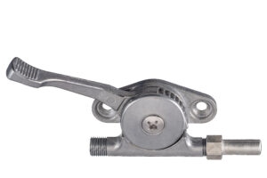 Bicycle shift lever with ribbed thumb pad, round housing and side threaded connector
