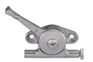 Polierter Fahrrad-Schalthebel aus Aluminiumlegierung mit geripptem Bedienknopf, rundem Gehäuse, zwei Befestigungsbohrungen und seitlichem Rohrausleger mit Mutter