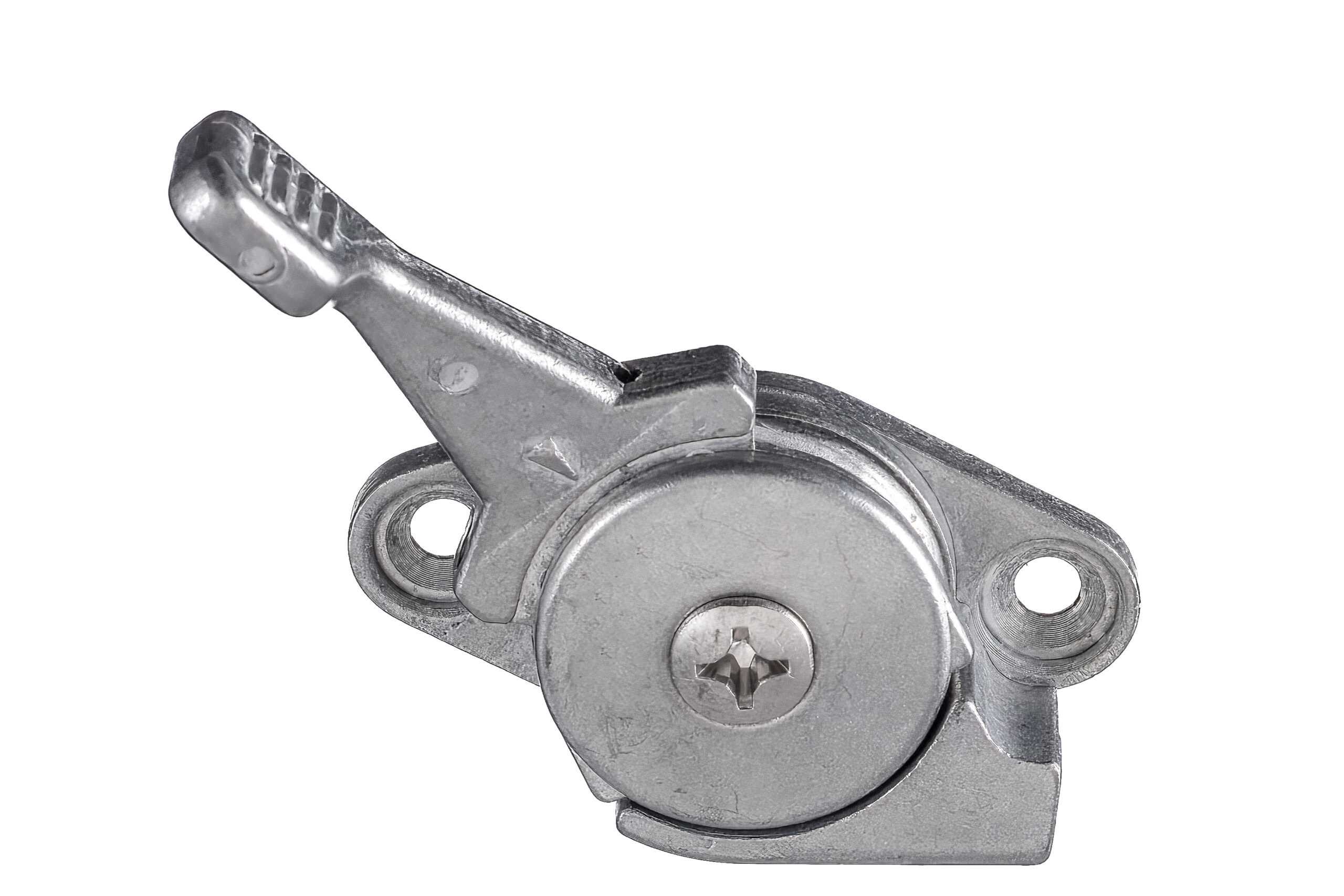 Bicycle shift lever with ribbed thumb pad, round housing and two mounting holes