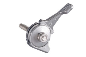 Bicycle shift lever with ribbed thumb pad, round housing and handlebar clamp with threaded rod